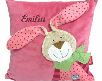 Cuddly pillow made of plush pink rabbit with desired name