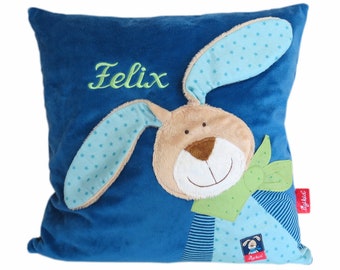 Cuddly pillow made of plush blue rabbit with desired name