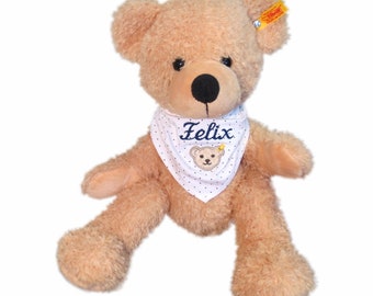 Teddy Fynn with wish name on scarf dots