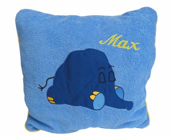 Cuddly pillow blue elephant with desired name