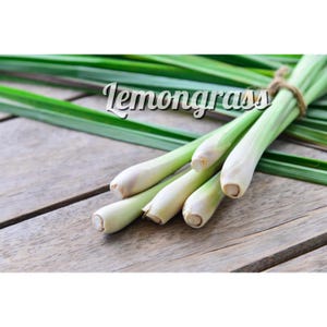 Puede incluir: Un manojo de tallos de hierba de lim&oacute;n frescos con hojas verdes sobre una superficie de madera. El texto "Lemongrass" est&aacute; escrito en letras blancas sobre un fondo verde.