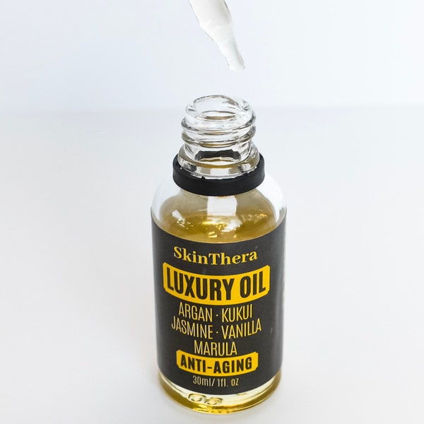 LUXURY ANTIAGING OIL by SkinThera® ·  Facial Oil, Natural Skincare, Squalane, Vitamin E, Vanilla, Jasmine, Argan, Kukui, Marula, Daikon,