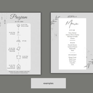 Könnte beinhalten: Ein schwarz-weißes Programm und Menü für eine Ramadan-Veranstaltung. Das Programm listet die Zeiten für das Gebet und das Abendessen auf. Die Speisekarte enthält eine Liste von Gerichten für Iftar, Hauptgericht und Dessert.