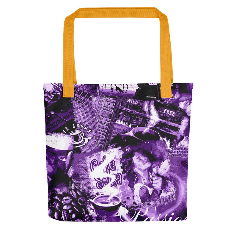 Womens Cafe Shopping Bag Globpen GP06CTB Nostalgia Coffee Tote Bag Large 15x15 Elegant Polyester Handle Bag Colorful two-sided Bag