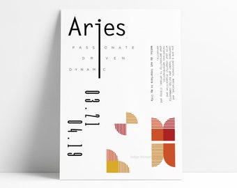 Aries Poster Art - Minimalist Zodiac Symbol- Typography Art Print - Astrology Sign - Geometric Shapes - Red and Mustard - Birthday Gift