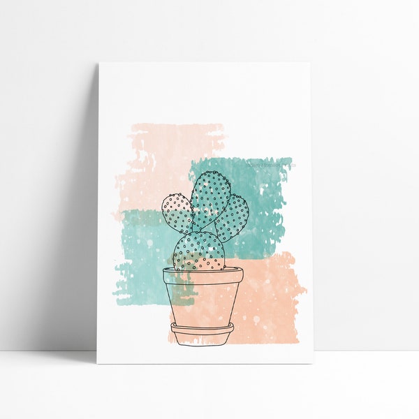 Prickly Pear Cactus Plant Watercolor Art - Opuntia cactus Line Art Printable - Indoor Plant Nursery Print- Succulent Art Gift - Plant Lover