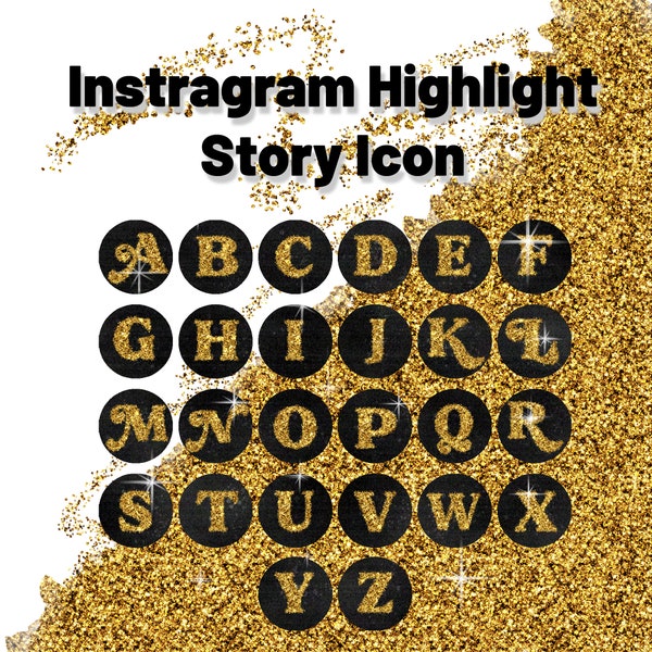 Alphabet Instagram Highlight Icons  - Bold Serif Font - Gold Glitter Letters - Story Covers - Black Velvet Texture