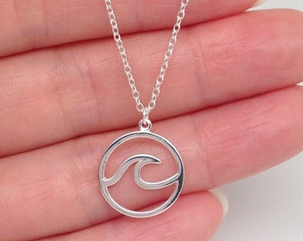 Silver Ocean Wave Necklace Sterling Silver Wave in Open Circle Pendant Necklace For Women, Dainty Wave Chain Necklace, Gift For Her