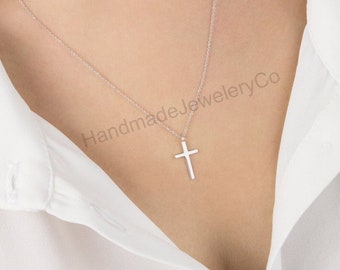 Sterling Silver Cross Necklace, Religious Jewelry Gift, Womens Christian Faith Medium Cross Pendant, Christmas Cross Gift, Gifts for her