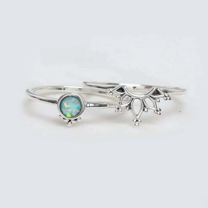 Natural opal ring, sterling silver ring, stacking couple ring, crown ring silver, thin silver ring, women's silver ring, gift for her image 3