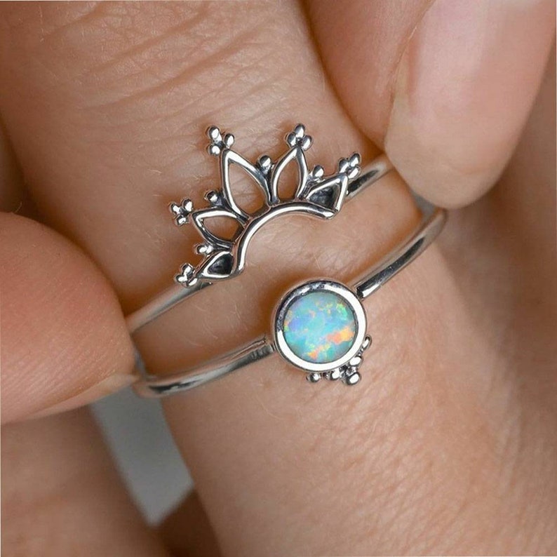Natural opal ring, sterling silver ring, stacking couple ring, crown ring silver, thin silver ring, women's silver ring, gift for her image 1