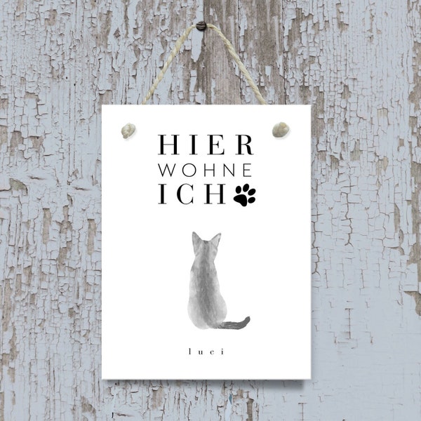 Personalisiertes Schild mit Katze, Namensschild Haustür, personalisiertes Holzschild Katze, Hier wohne ich, Katzenschild