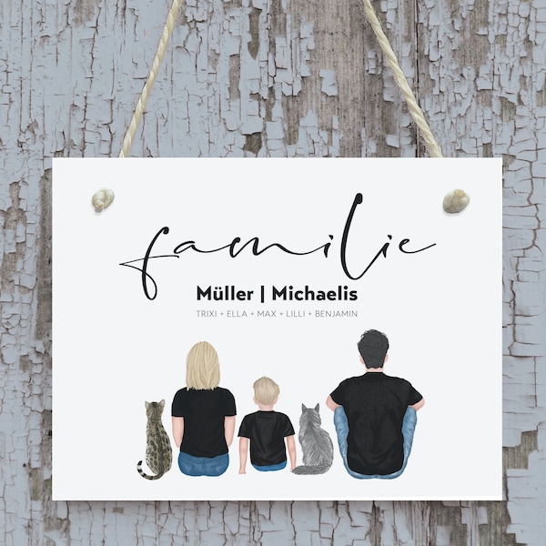 Personalisiertes Türschild Familie mit Katzen, Namensschild Haustür, personalisiertes Holzschild mit Familie, Geschenk zum Einzug