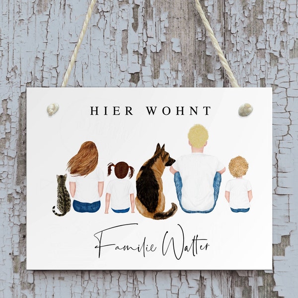 Personalisiertes Türschild Familie mit Katze und Hund, Namensschild Haustür, personalisiertes Holzschild mit Familie, Geschenk zum Einzug