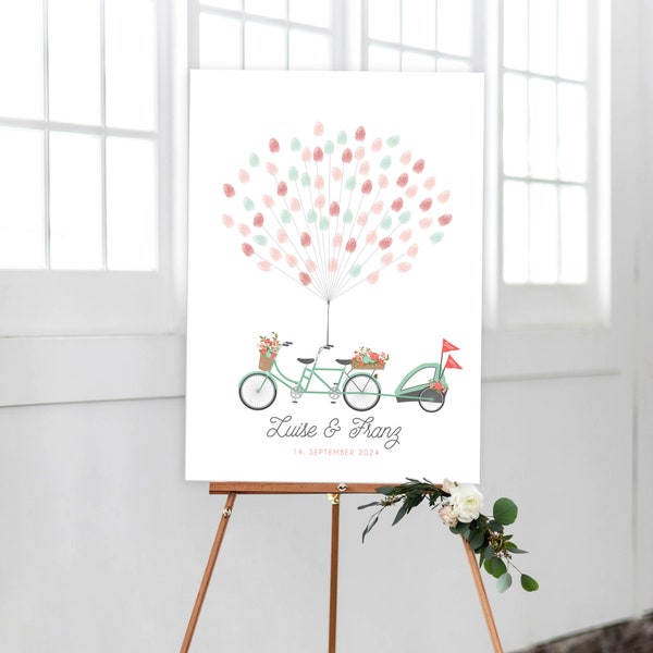 Fingerprint-Poster Tandem mit Anhänger, Fingerabdruckbaum PDF oder Druck, Weddingtree, Brautpaar mit Kindern, Weddingtree Familie, Tandem