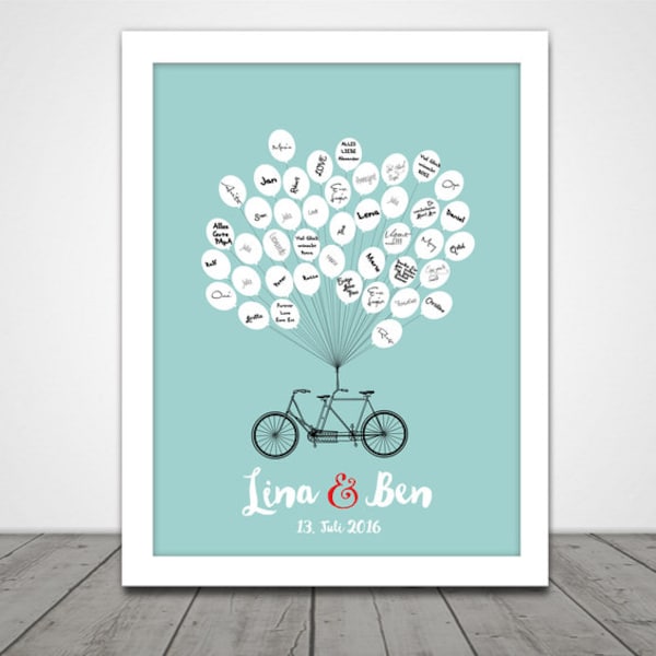 Gästebuch, Gästeposter Fahrrad farbig, Unterschriften Poster Hochzeit, Hochzeitsgeschenk Personalisiert, Geschenkidee Hochzeit, Tandem