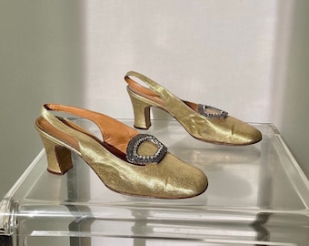 60s gold slingback heels with beads and rhinestone applique. Size IT37