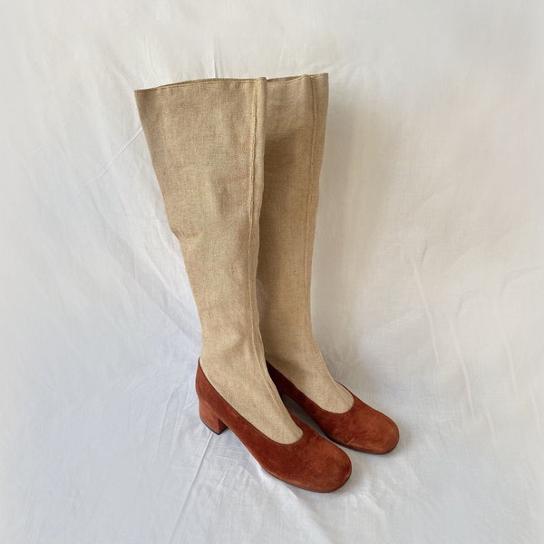 Rares bottes gogo en daim en cuivre des années 60 avec arbre en tissu extensible beige. Taille slim fit IT37/38