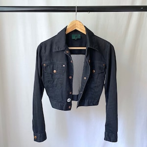 S/S 1990 Junior Gaultier cropped, washed out blue, denim jacket with fishnet back. Size IT42