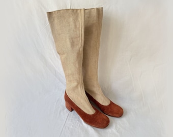 Vintage 60s Copper Suede Gogo Boots, Beige Fabric - IT37/38