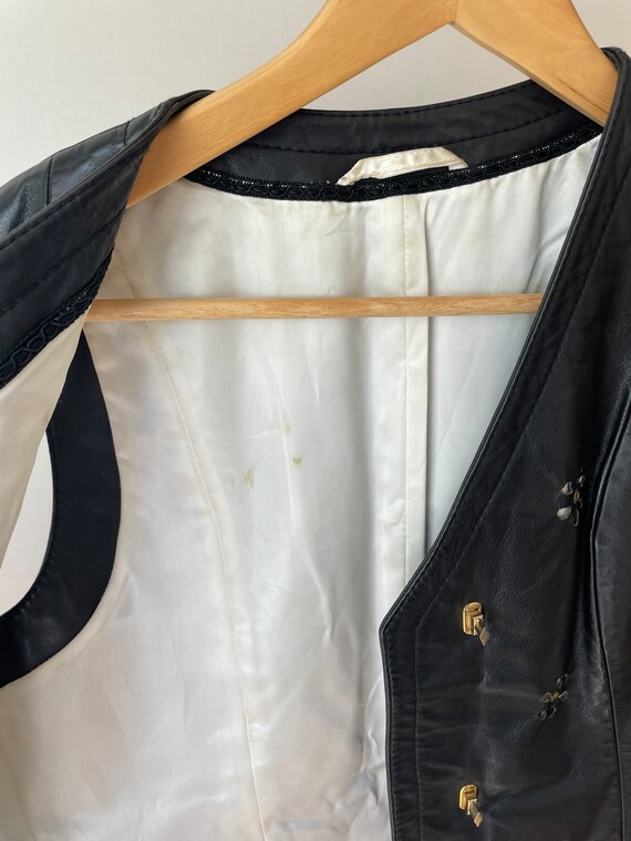 Vintage artisanal black leather waistcoat with go… - image 5