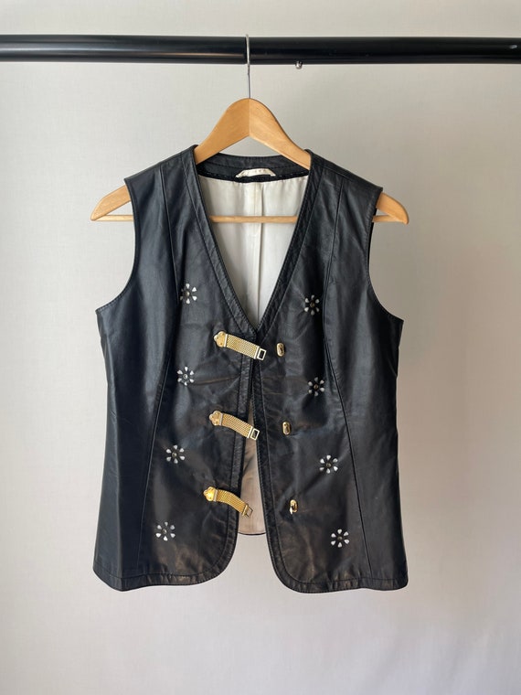 Vintage artisanal black leather waistcoat with go… - image 4