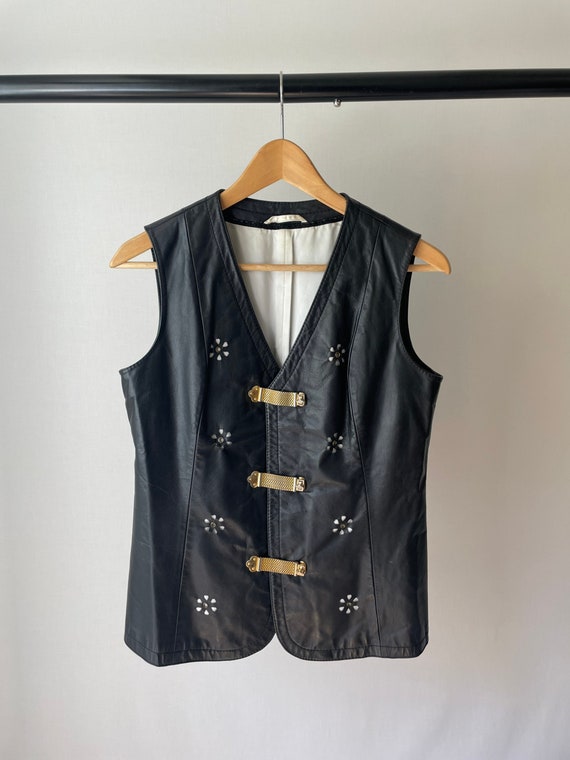 Vintage artisanal black leather waistcoat with go… - image 1