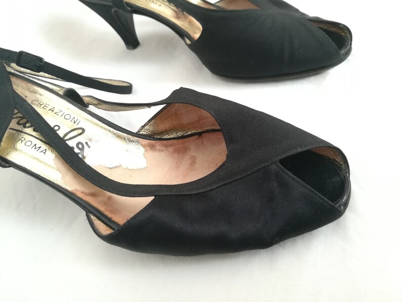 Vintage Ankle Strap Black Satin Open Toe Pumps Sandals. Size - Etsy