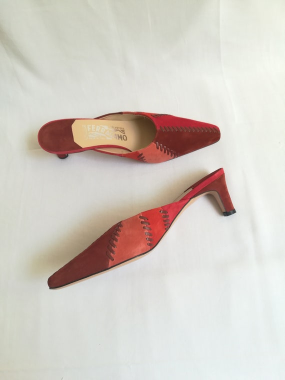 Vintage Ferragamo red and brown suede kitten heels