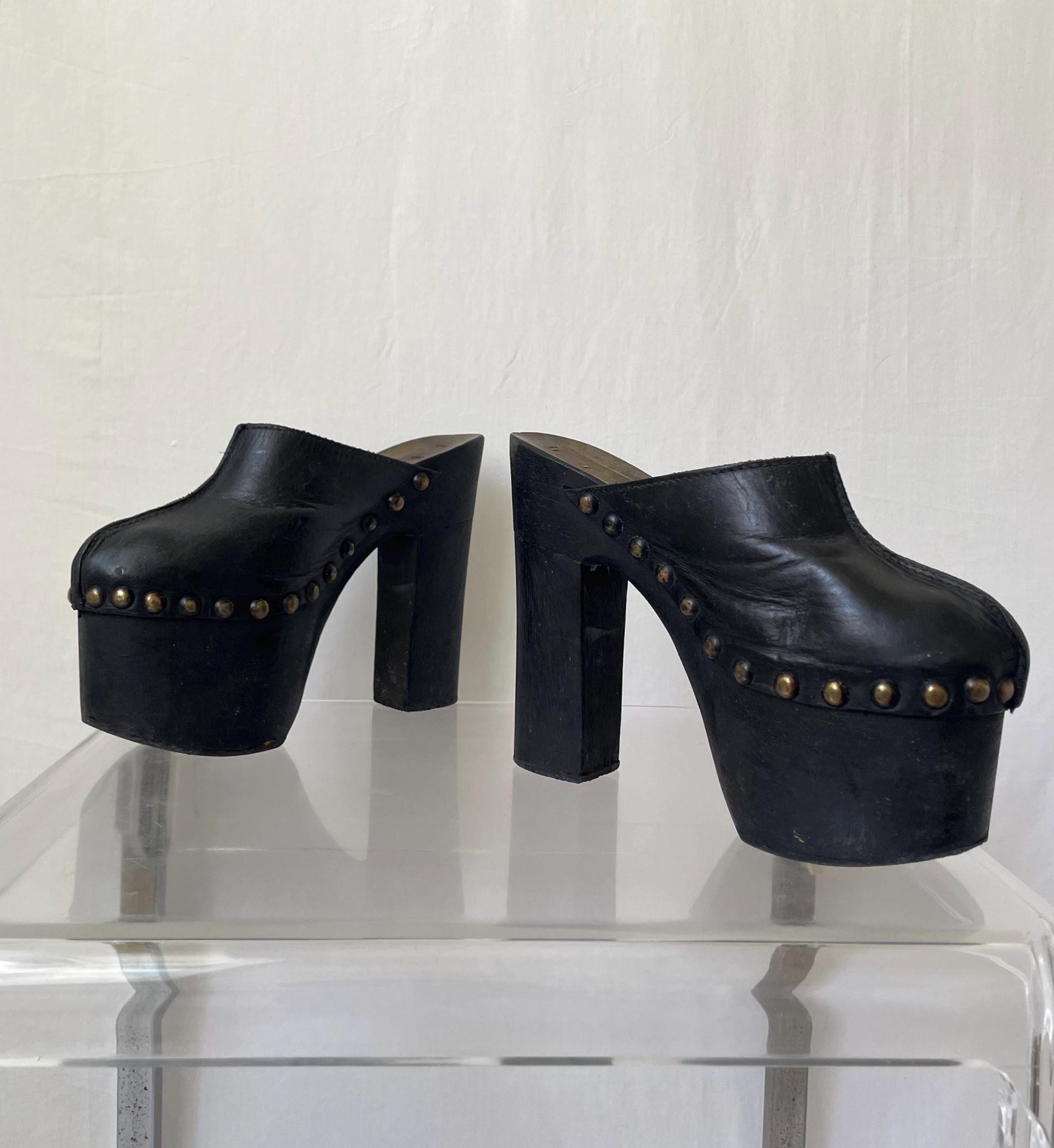 Rare 1970's handmade black leather with metal studs & maxi wooden platform. Size IT37