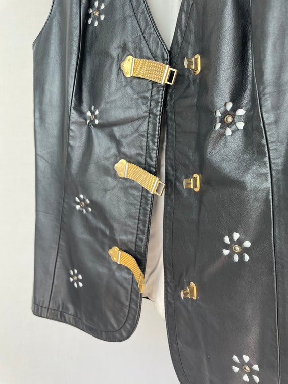 Vintage artisanal black leather waistcoat with go… - image 3