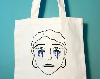 Seconds Sale* Hand painted and beaded tote bag in Crying Face white, blue, black