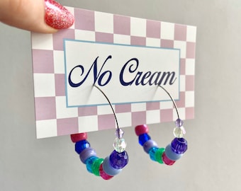 Beaded silver hoop earrings in blue purple pink green beads 40mm handmade statement earrings