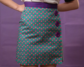 60s mod style spot a-line mini polkadot button wrap skirt in green, pink, purple