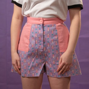 Retro 50s style milkshake print high-waisted a-line shorts purple, pink image 1