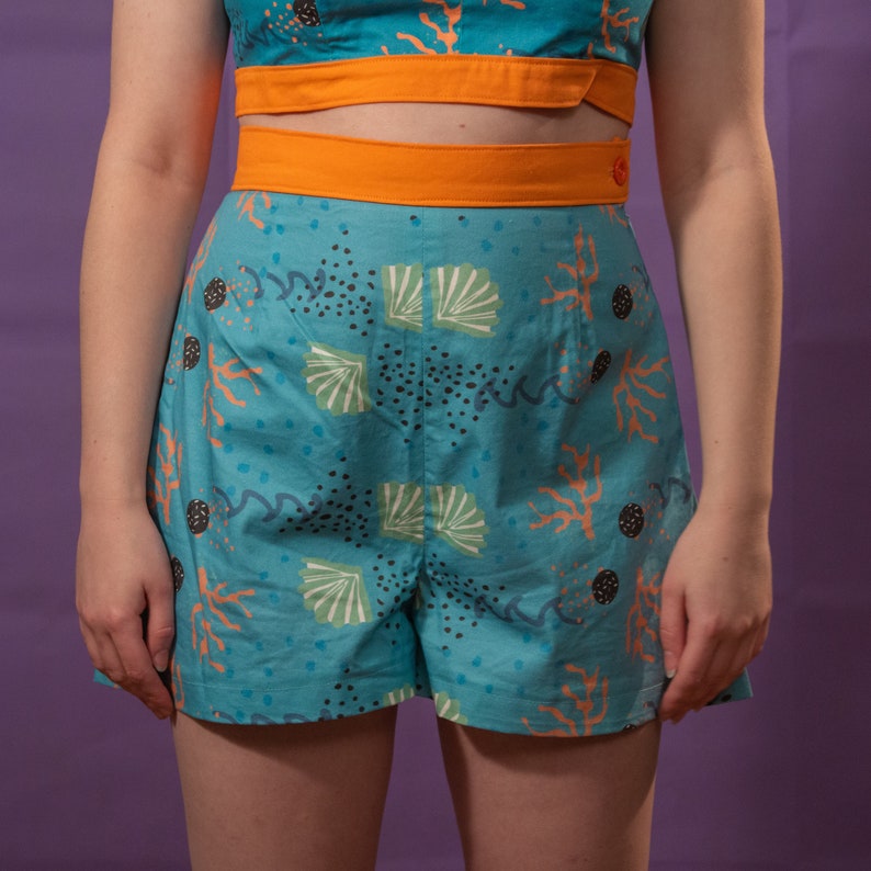 Coral print Aline shorts in blue and orange shell print image 1