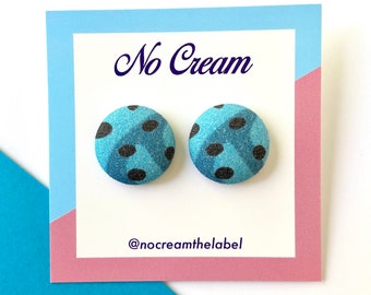 Fabric covered stud earrings in wave print, blue black grey surf / handmade up-cycled statement earrings