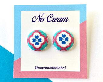 Fabric covered stud earrings in pink, blue, white tile print / handmade up-cycled statement earrings