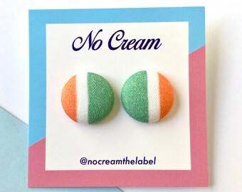 Fabric covered stud earrings in orange, white, green summer melon stripe / handmade up-cycled statement earrings