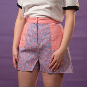 Retro 50s style milkshake print high-waisted a-line shorts purple, pink image 2