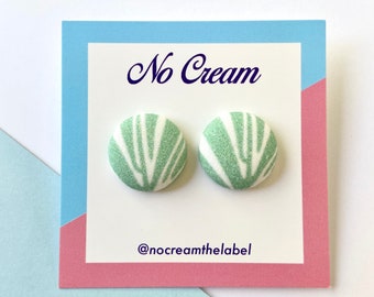 Fabric covered stud earrings in green sea shell print pale green and white / handmade up-cycled statement earrings