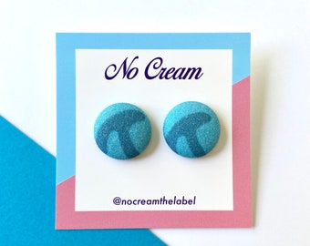 Fabric covered stud earrings in wave print in blue surf / handmade up-cycled statement earrings