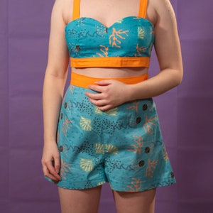 Coral print Aline shorts in blue and orange shell print image 2