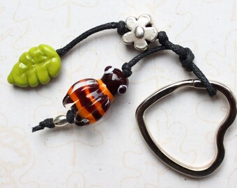 Lucky charm "Bee", key ring, pocket dangle, backpack pendant, honey bee, glass, textile strap, handmade by PERSICO