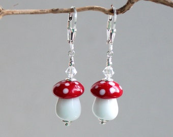 Lucky Guy Earrings; Murano glass; 925 silver ear hooks; Swarovski crystal; fly agaric; Mushroom; Forest; Summer; handmade by PERSICO