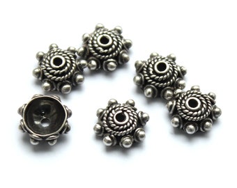 2 pearl caps; 10mm x 4mm; Bali beads, decorated, silver granules, twisted cord; 925 silver; blackened sterling silver; handmade