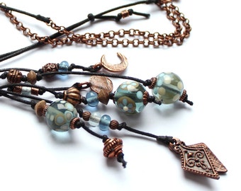 Dab necklace "Jeans and copper", glass beads, copper, long chain, hippie, lampwork; handmade by PERSICO