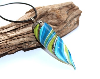 Glass pendant "Spike blue-green", cone, thorn, thorn; made of Murano glass with silver-plated Balibead cap, leather strap, handmade by PERSICO