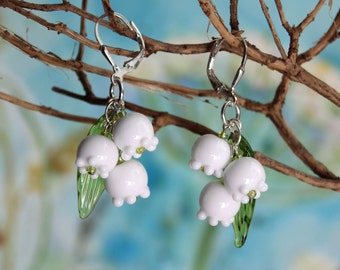 Earrings "Lily of the Valley", wedding, Mother's Day, spring; Glass beads, leverbacks 925 silver, lampwork, handmade by PERSICO