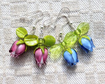 Flower earrings; bellflowers; rosebud; glass; 925 silver ear hooks; handmade by PERSICO; flower jewelry